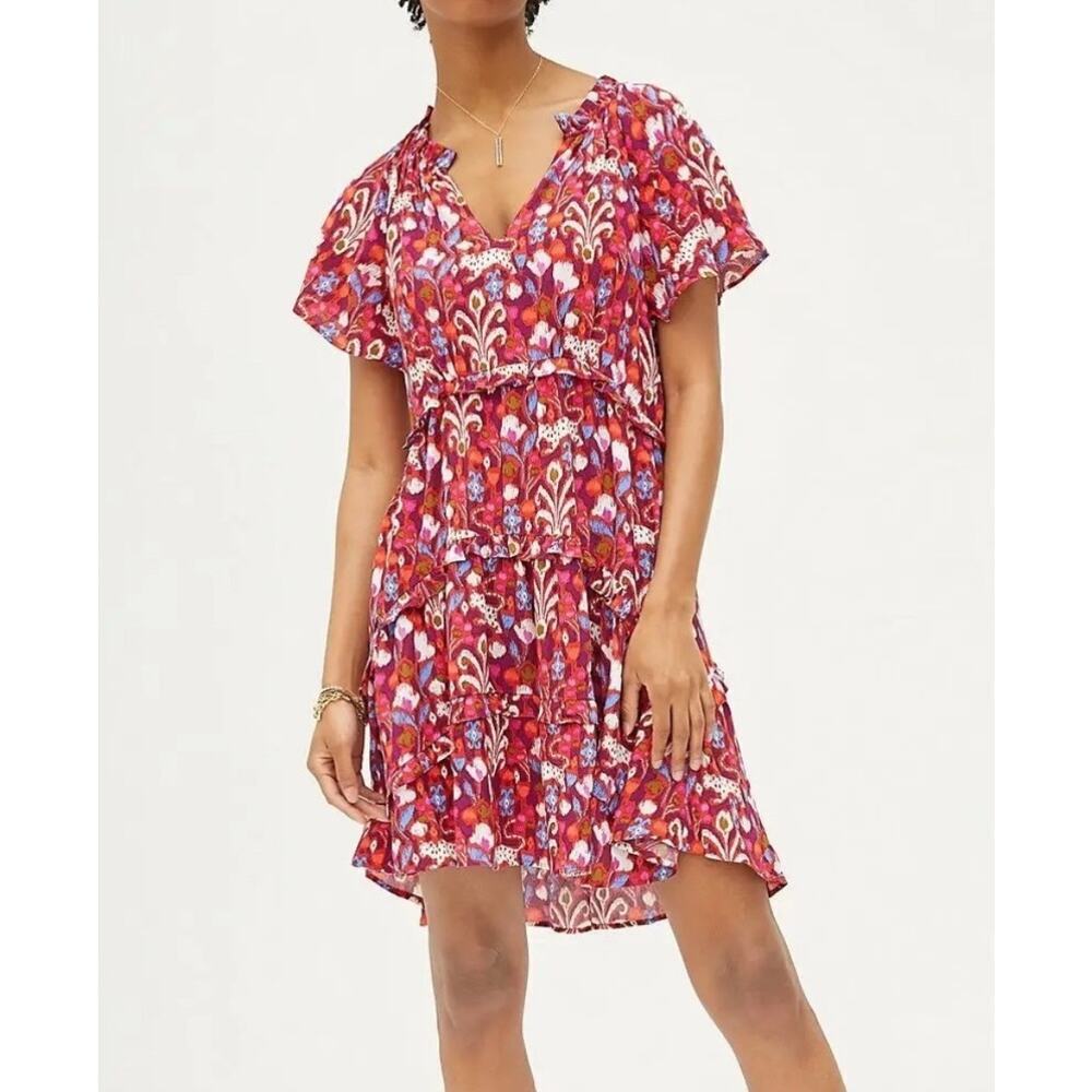 Anthropologie Robin Tiered Ruffle Mini Dress Raspberry Motif Small Romantic